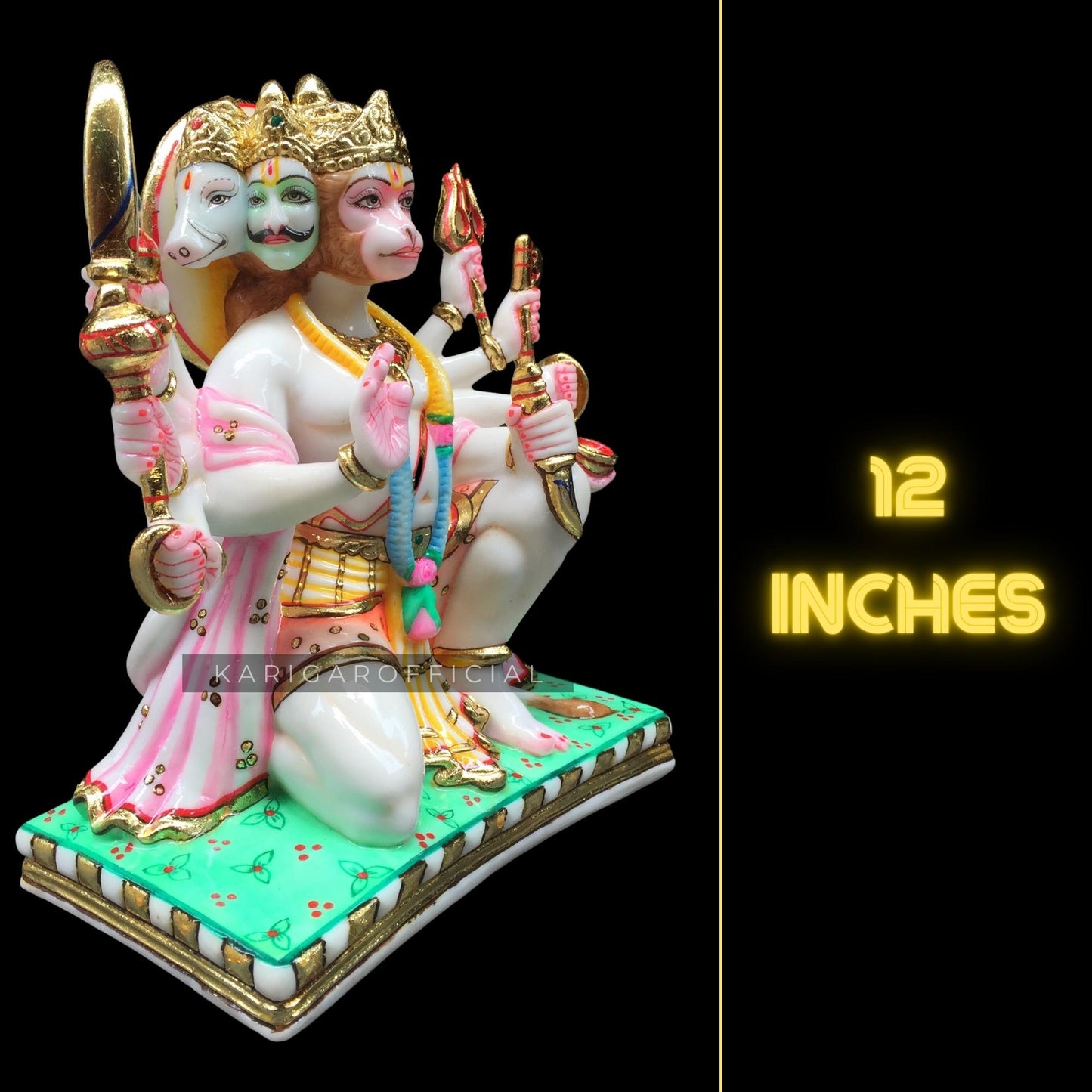 Hanuman Statue Murti Large 12 inches Gold Leaf Panchmukhi Hanuman Figurine Bajrangbali Marble Idol Hindu Monkey god 5 Faces For Praying Devotion Power Energy Bhakti Home Temple Gifts Sculpture