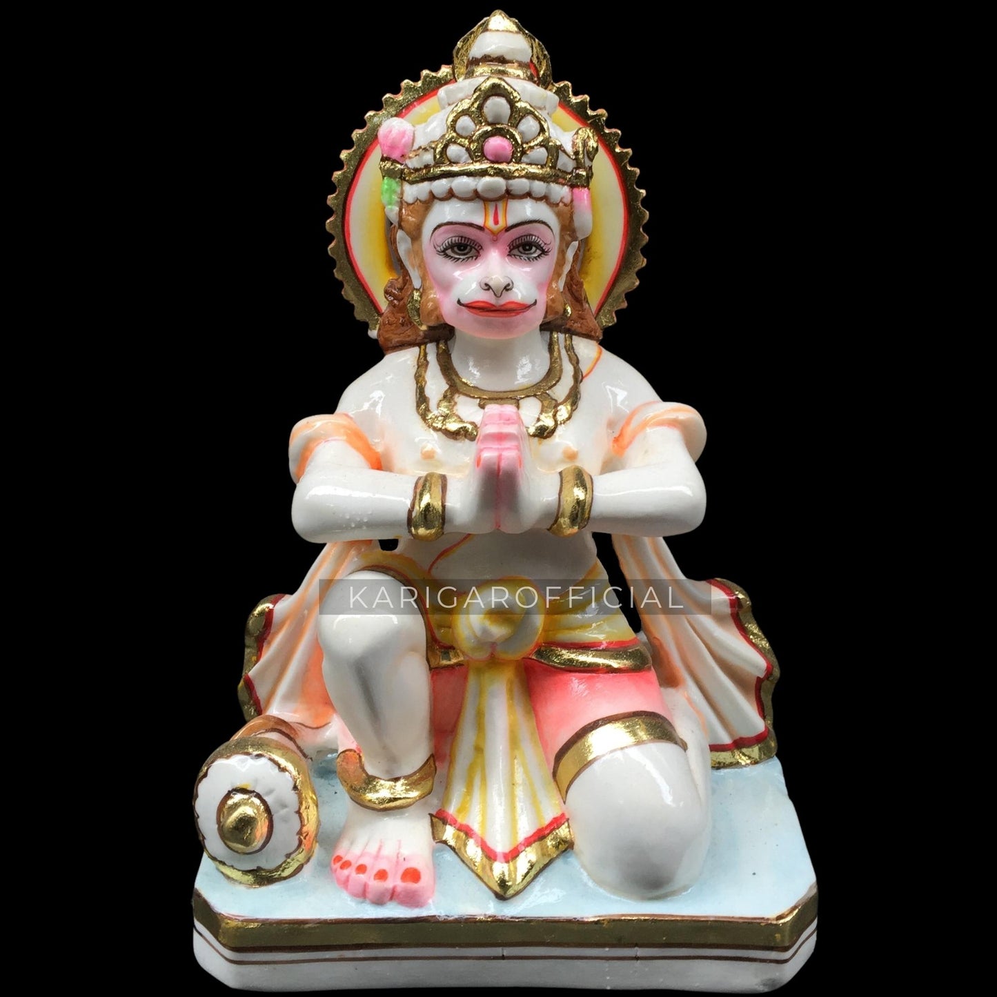 KARIGAROFFICIAL Hanuman Statue Marble Murti Beautiful Gold Leaf Bajrang Bali Figurine Large 9 inches Hand Painted Blessing Hanuman Idol Hindu Monkey god of Devotion, Small Home Temple Sculpture Gifts