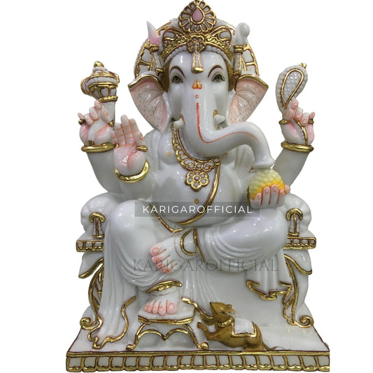 Estatua de Ganesha Murti 24 pulgadas Mármol de oro blanco Ganapati Idol Regalo perfecto para el hogar Primer Ganesha
