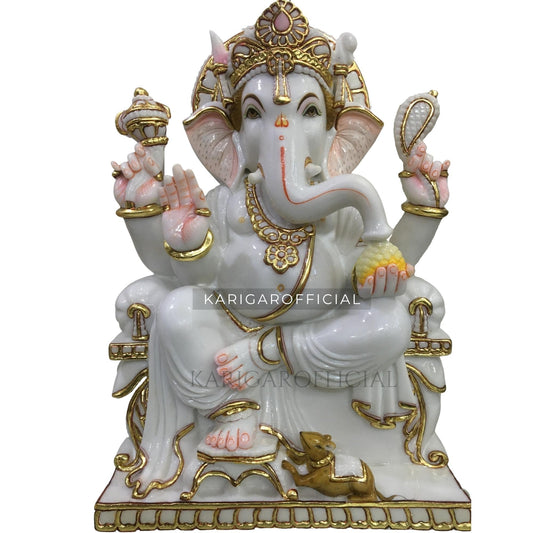 Ganesha Murti Statue 24 inches White Gold Marble Ganapati Idol Perfect Housewarming Gift Home First Ganesha