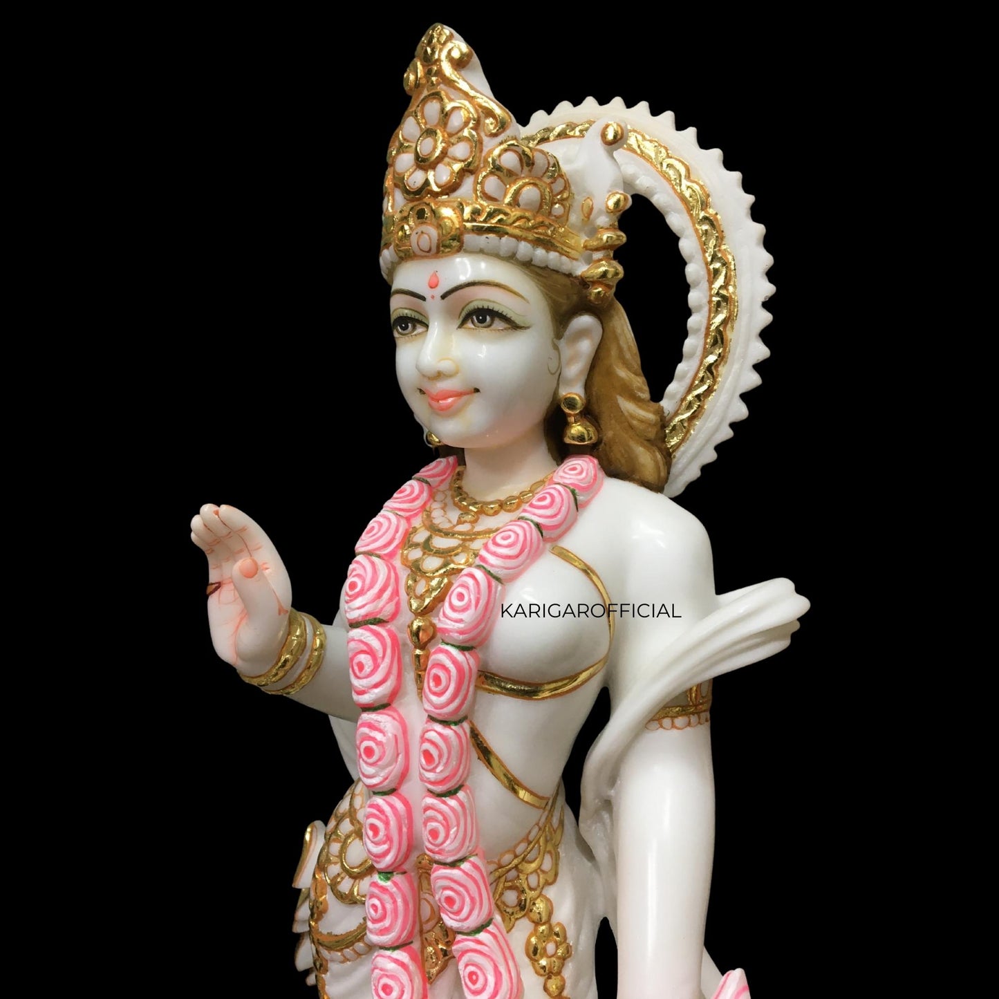 Radha Krishna Statue Standing on Lotus Flowers, Large 24 inches Murti in Gold Leaf Work White Gold Pink Accents Marble Radha Krishna idol, Hindu Divine Couple, Home Temple Wedding Housewarming Gifts