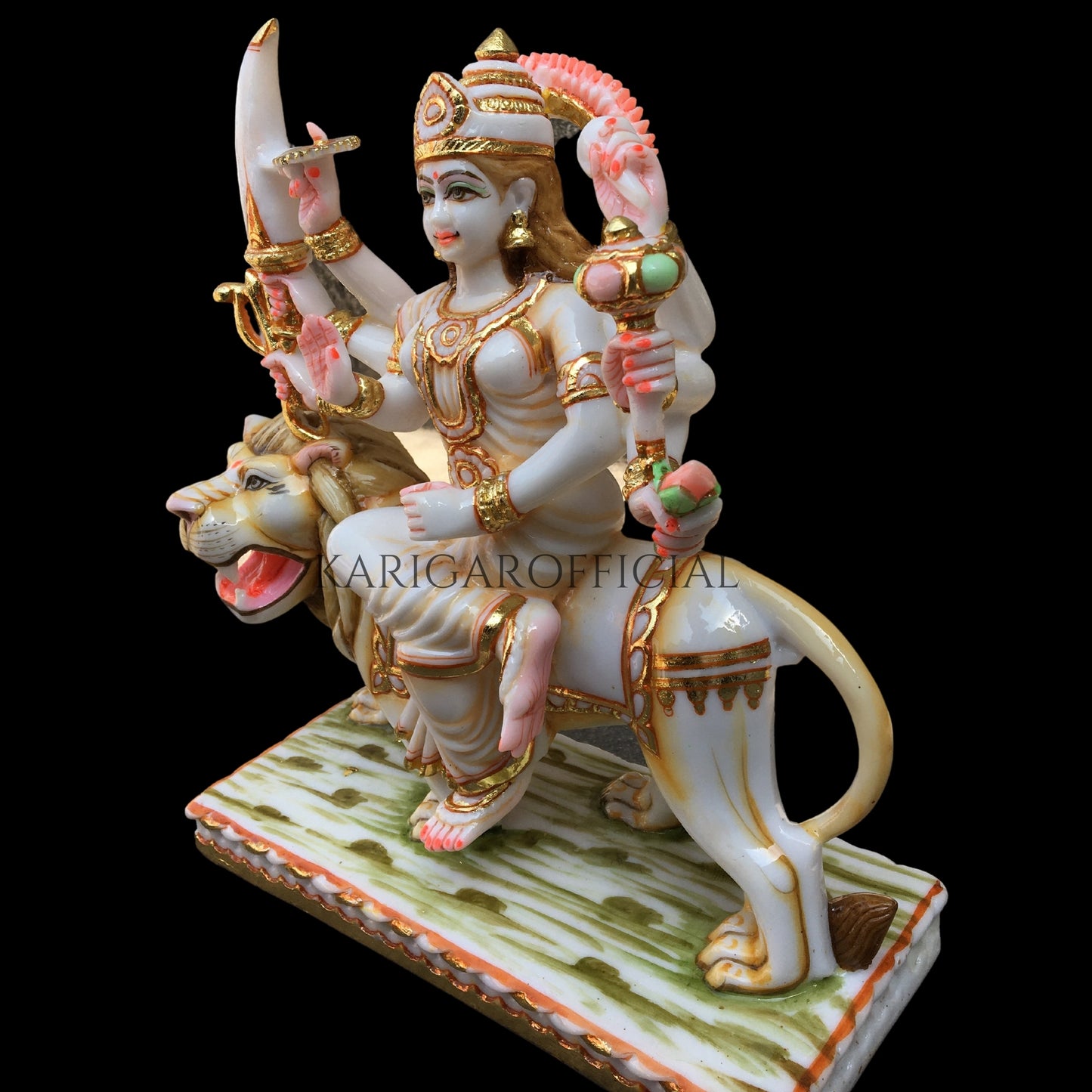 Durga Statue Murti Stone Jewelry Studded Large 12 inches Marble Maa Sherawali Figurine Hindu Goddess Amba Statue for Navratri Puja Adi Shakti Idol Home Temple Positive Energy Housewarming Sculpture