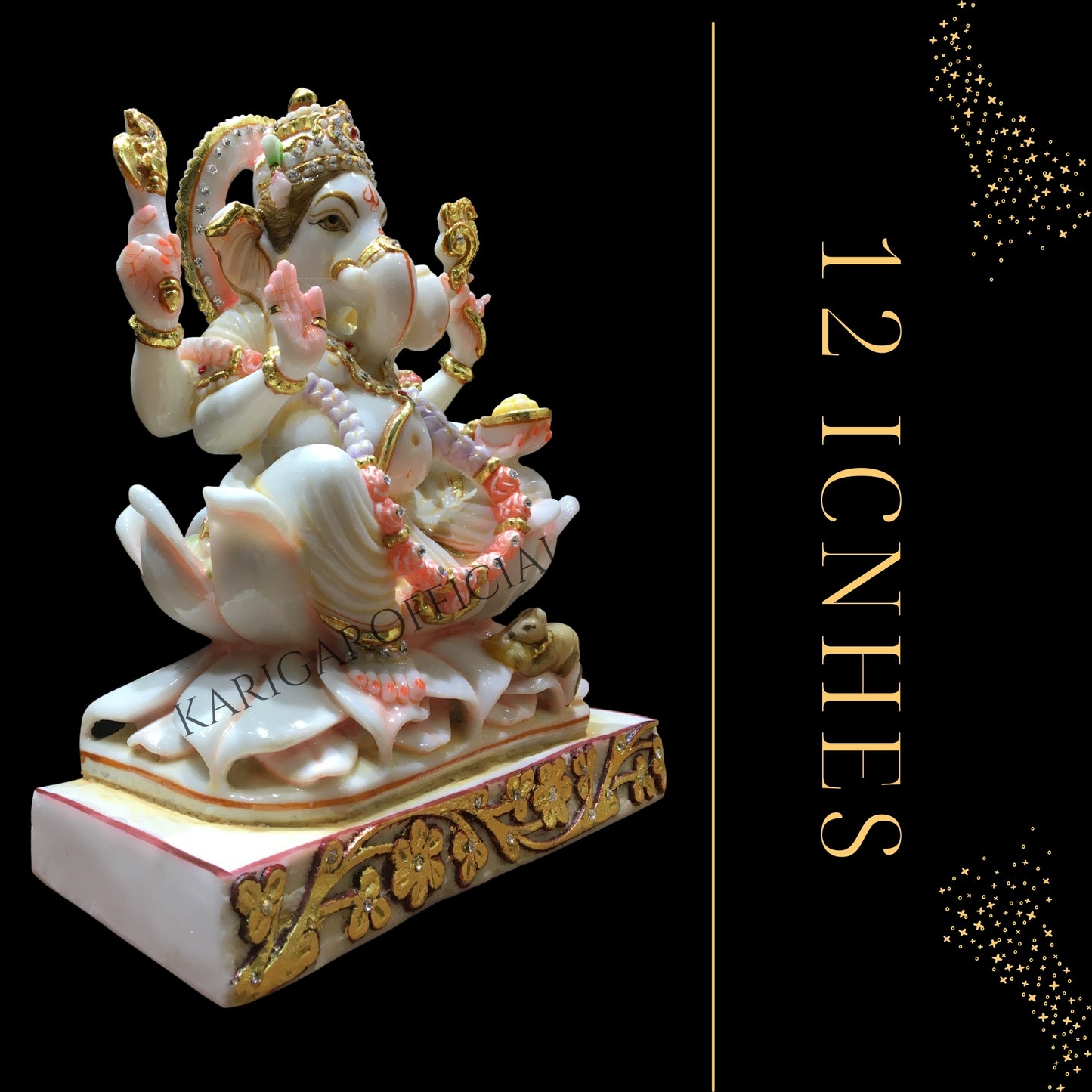 Estatua de Ganesha Murti sentada en una flor de loto - Figura grande de Ganpati con tachuelas de joyería de piedra de 12 pulgadas - Ídolo de Ganapati de mármol - Deidad Vinayak - Figura grande de dios elefante Escultura de regalos de inauguración