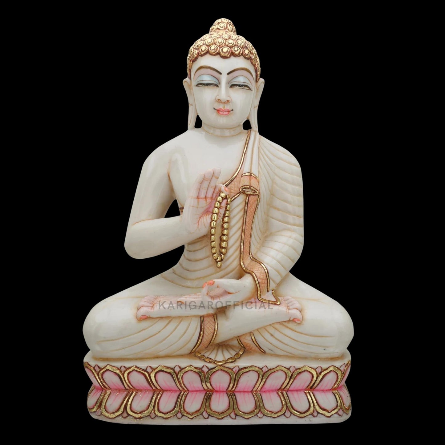 White Gold Buddha Marble Statue Teaching Meditating on Lotus Base 18''