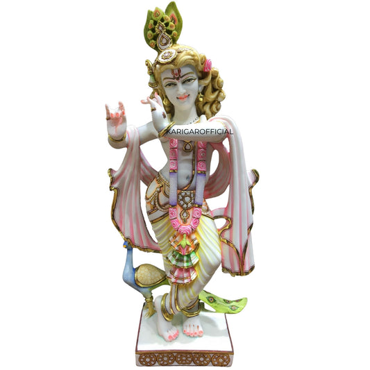 Krishna Statue, Large 24 inches Krishna Idol, Multicolor White Marble Pink Accent Krishna Figurine, Hindu God Handpainted Murlimanohar Murti, Home Temple Pooja Sculpture Housewarming Anniversary Gifts