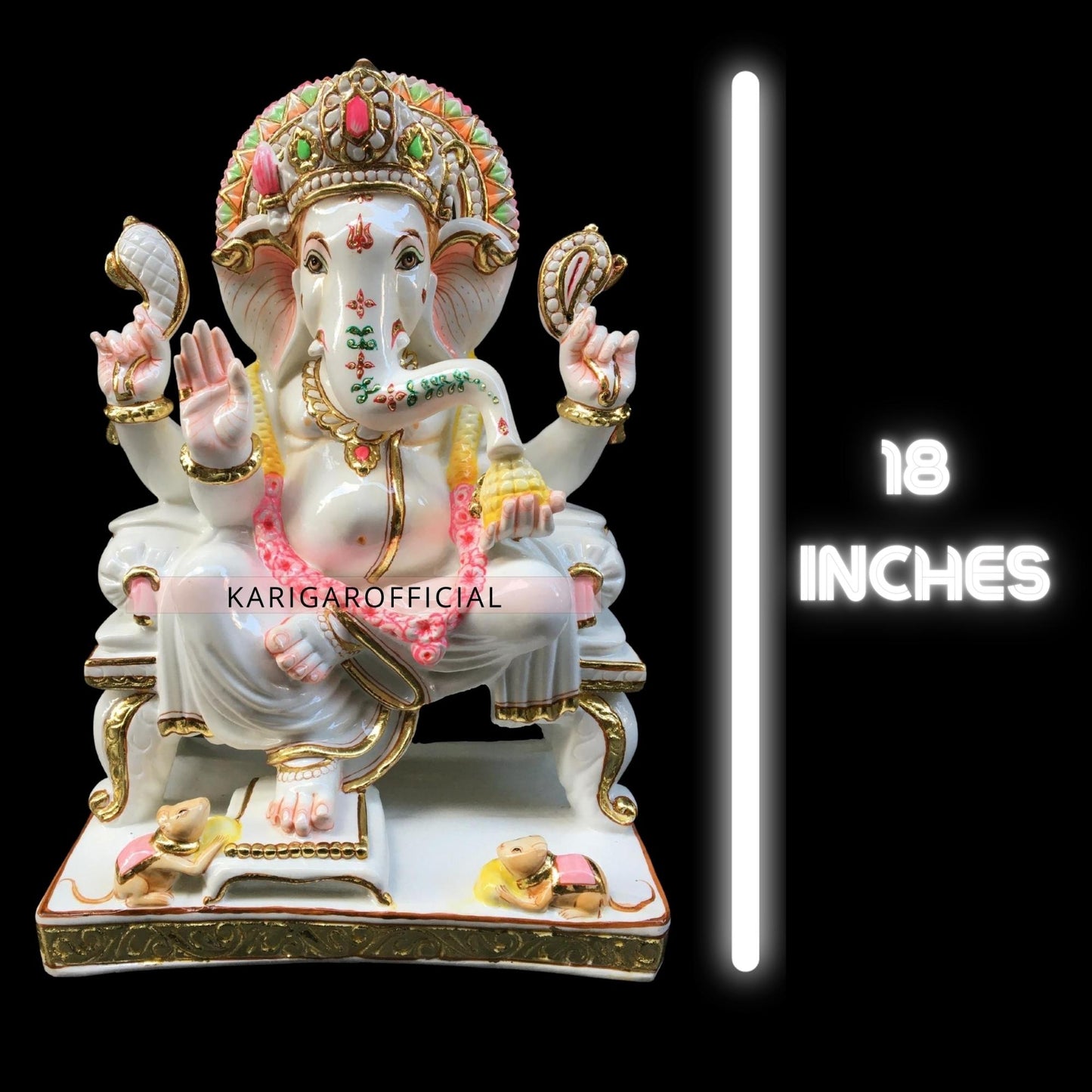 Estatua de Garland Ganesha sentada en Singhasan Ganapati de mármol de 18 pulgadas 