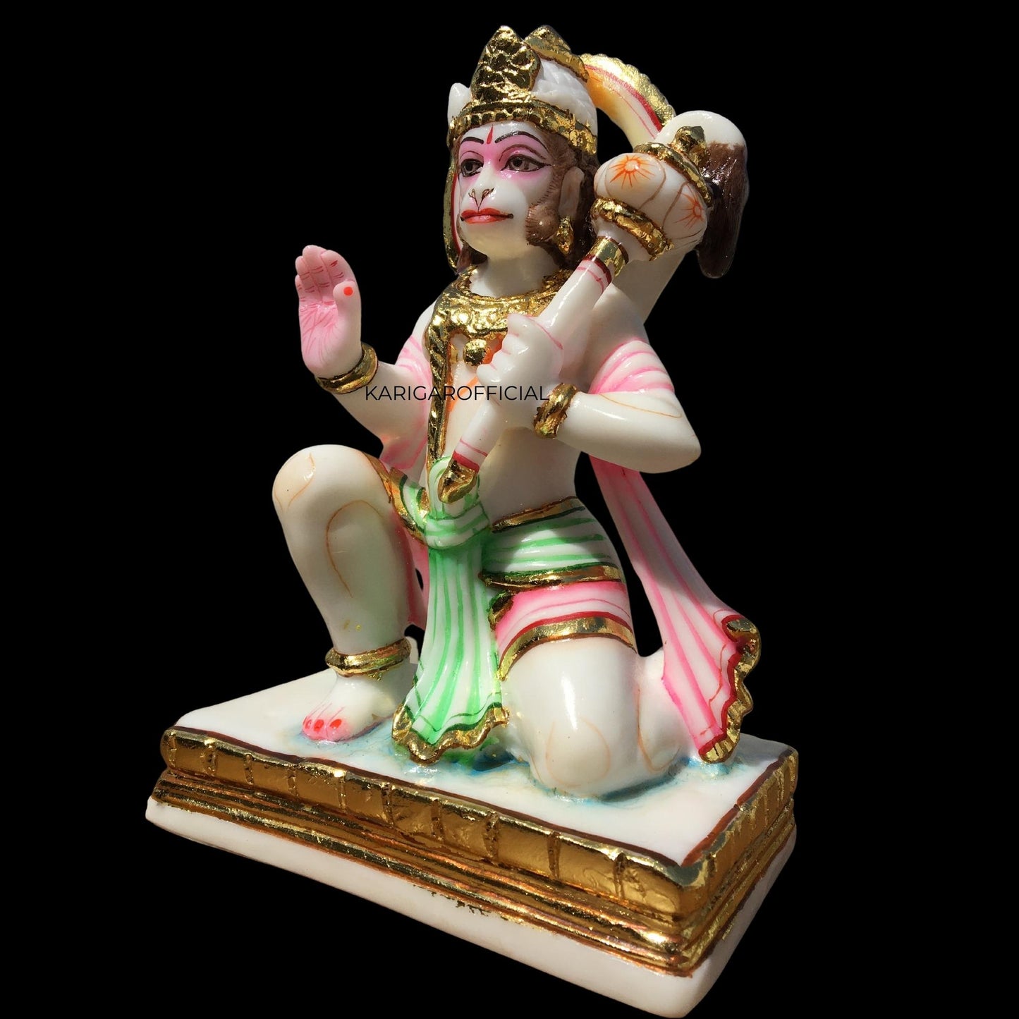 Hanuman Statue, Multicolor 8 inches Hand Painted Marble Blessing Bajrang Bali Figurine, Natural Powerlifter Hindu Monkey god of Devotion, Strength, Bhakti, Perfect for Small Home Temple Decoration