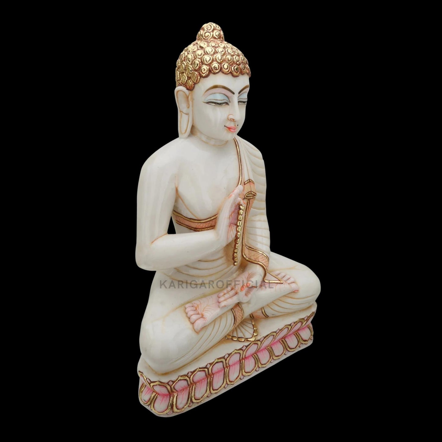 White Gold Buddha Marble Statue Teaching Meditating on Lotus Base 18''