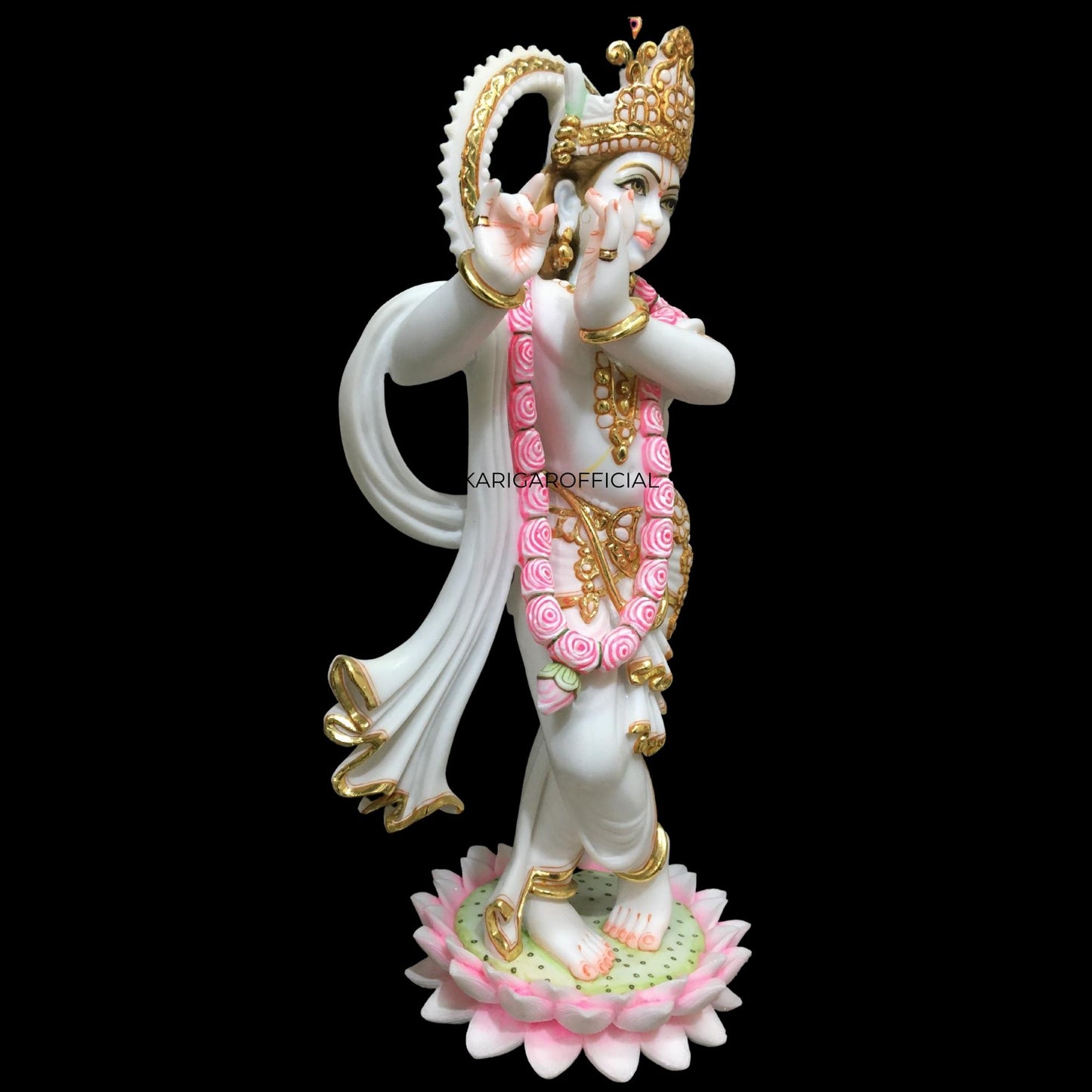 Radha Krishna Statue Standing on Lotus Flowers, Large 24 inches Murti in Gold Leaf Work White Gold Pink Accents Marble Radha Krishna idol, Hindu Divine Couple, Home Temple Wedding Housewarming Gifts