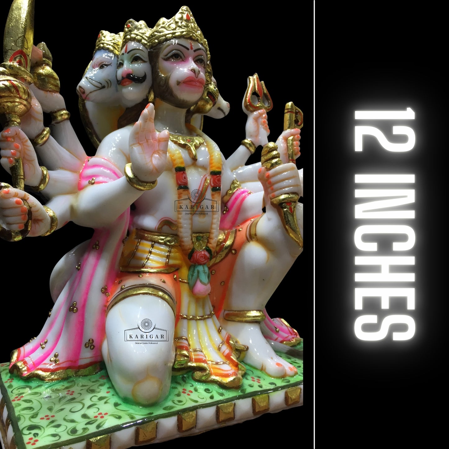 Hanuman Statue Murti 12 inches Large Gold Leaf Panchmukhi Hanuman Marble Blessing 5 Faces Hanuman Figurine Hanuman Hindu Monkey god of Devotion Power Energy Celibacy Bhakti Home Temple Gifts Sculpture