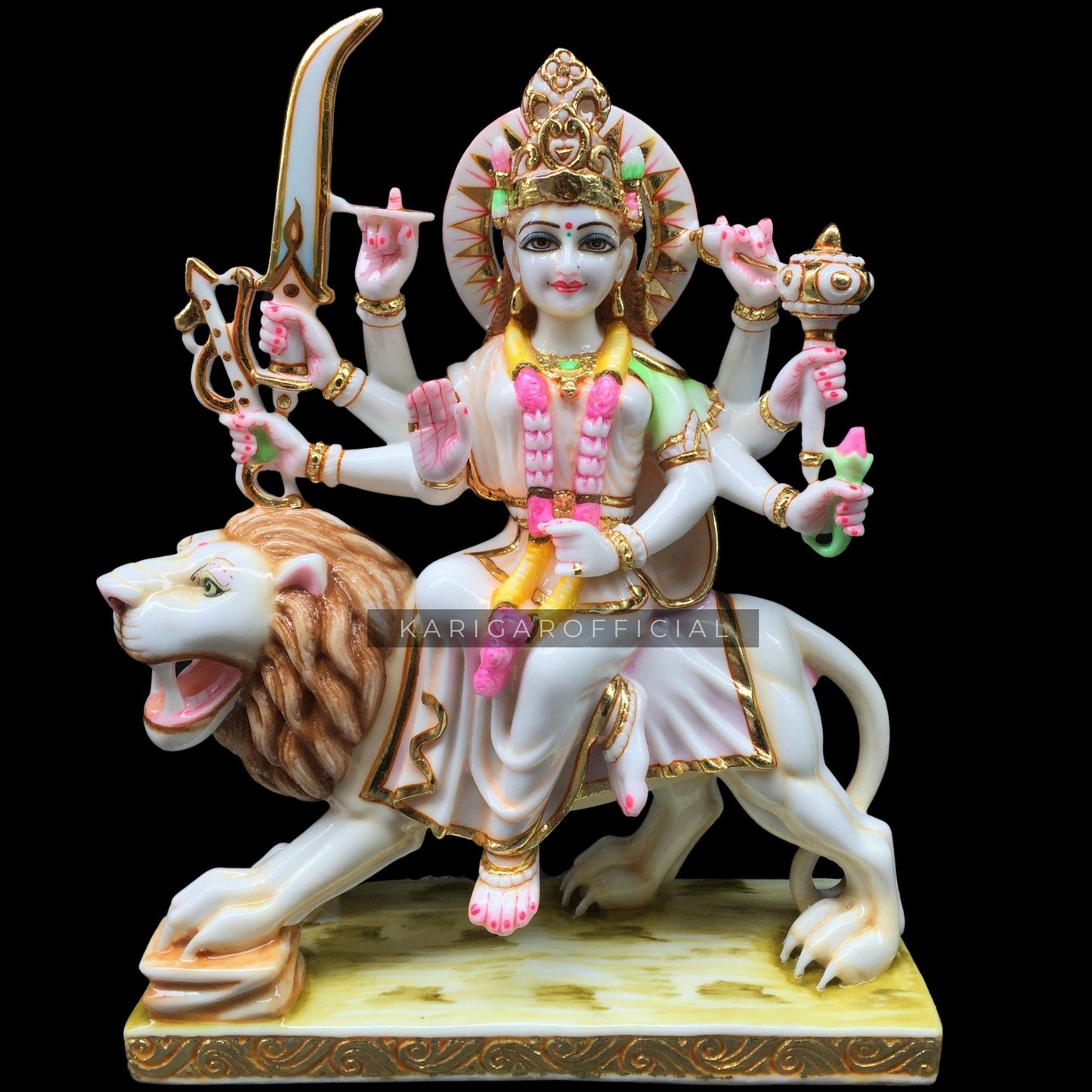 Hindu Goddess Marble Durga Statue Gold leaf Work for Home Temple 15''