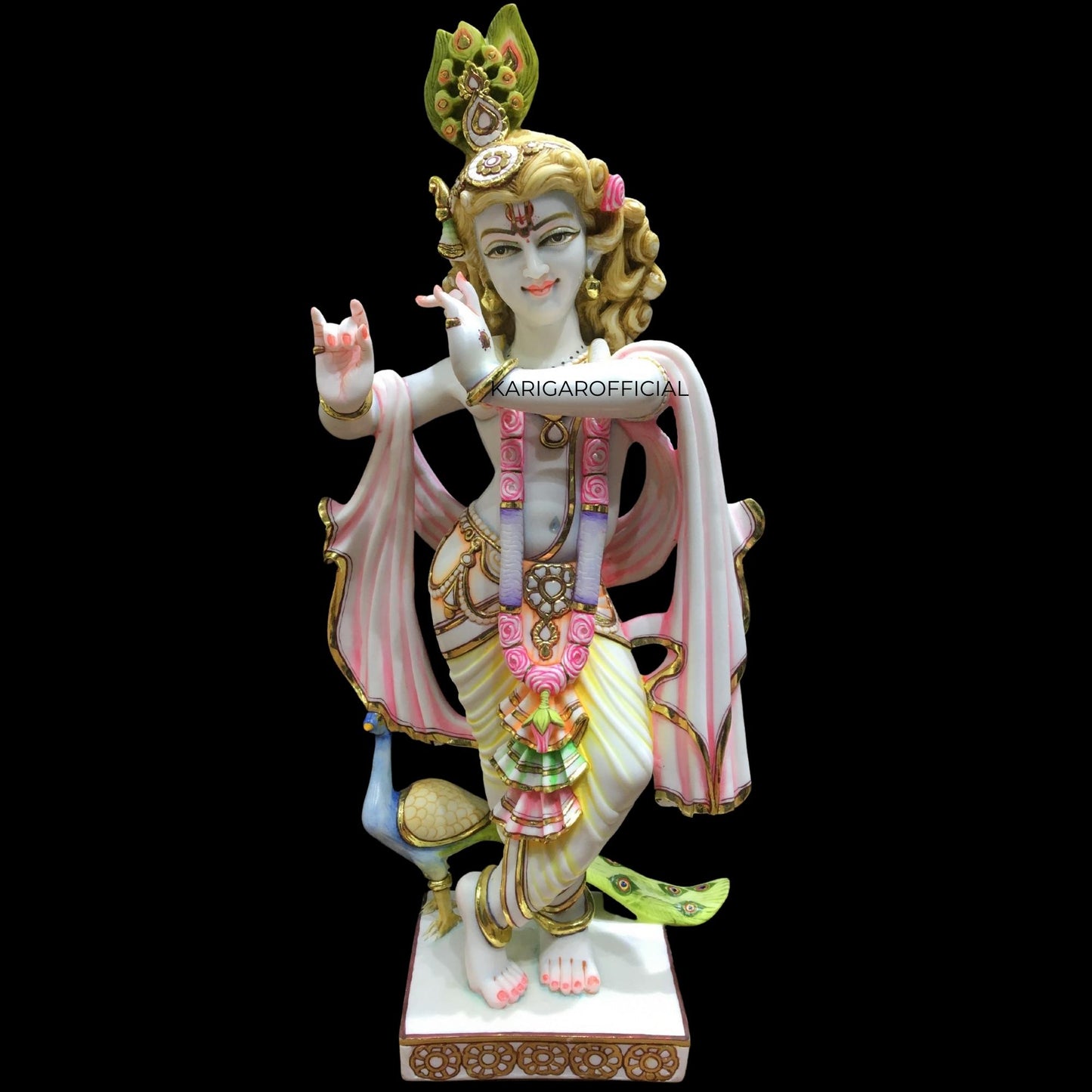 Estatua de Krishna, ídolo de Krishna grande de 24 pulgadas, figura de Krishna con acento de mármol blanco multicolor y rosa, dios hindú Murlimanohar Murti pintado a mano, escultura de Pooja del templo del hogar, regalos de aniversario de inauguración