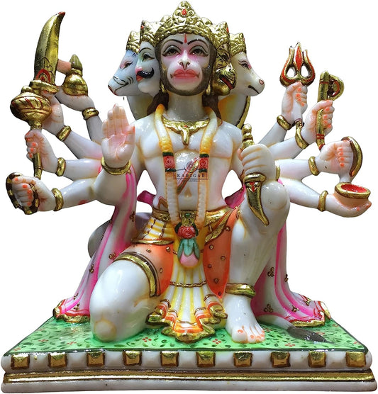 Hanuman Statue Murti 12 inches Large Gold Leaf Panchmukhi Hanuman Marble Blessing 5 Faces Hanuman Figurine Hanuman Hindu Monkey god of Devotion Power Energy Celibacy Bhakti Home Temple Gifts Sculpture