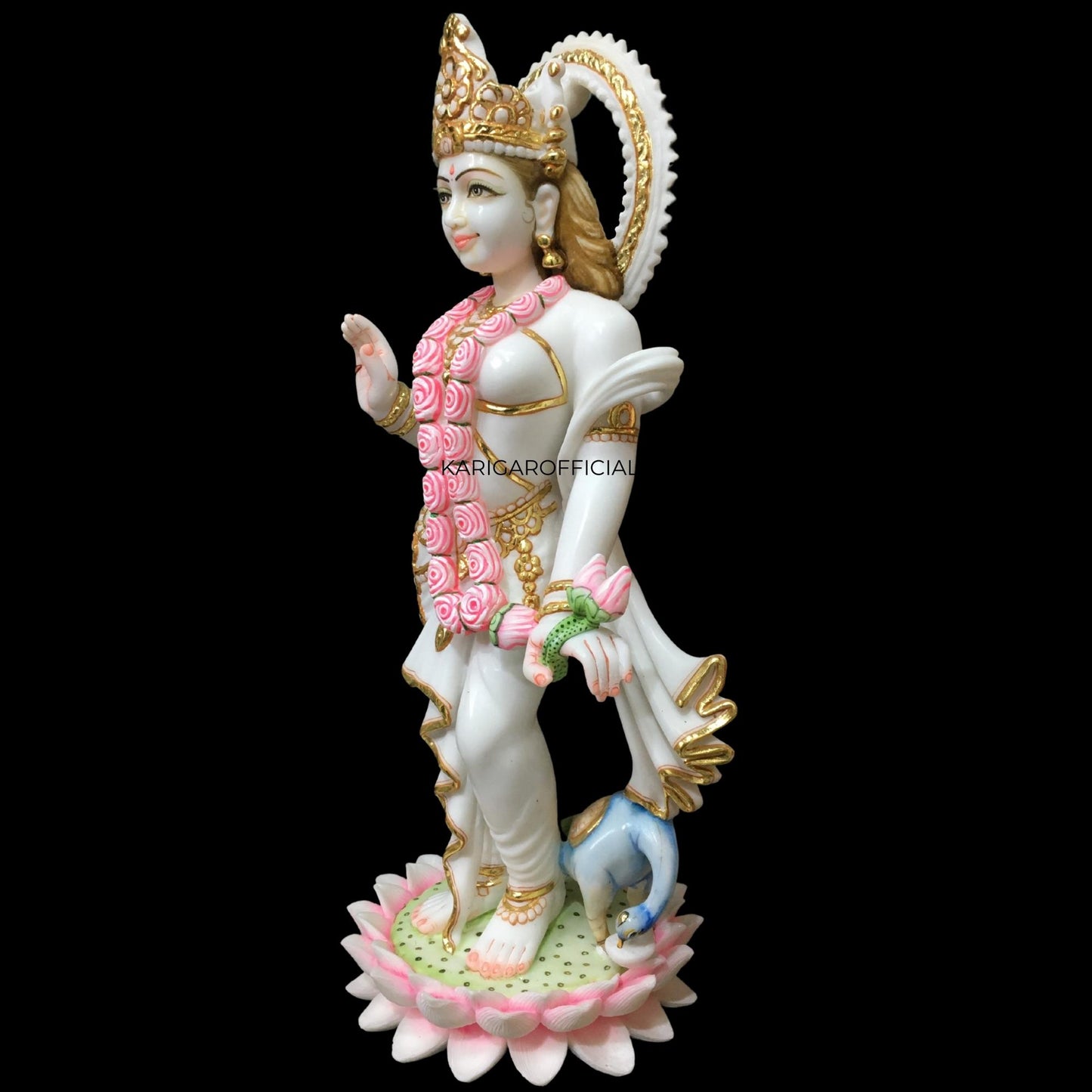 Radha Krishna Statue Standing on Lotus Flowers, Large 24 inches Murti in Gold Leaf Work White Gold Pink Accents Marble Radha Krishna idol, Hindu Divine Couple, Home Temple Wedding Housewarming Gifts