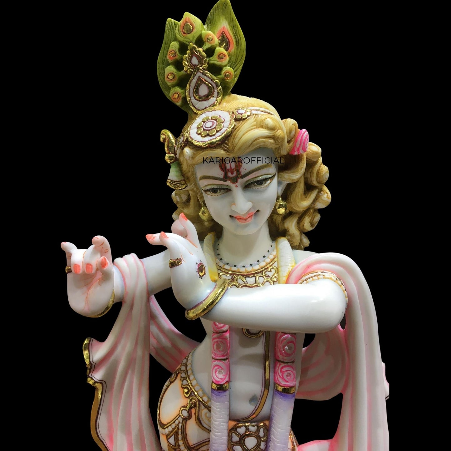 Krishna Statue, Large 24 inches Krishna Idol, Multicolor White Marble Pink Accent Krishna Figurine, Hindu God Handpainted Murlimanohar Murti, Home Temple Pooja Sculpture Housewarming Anniversary Gifts