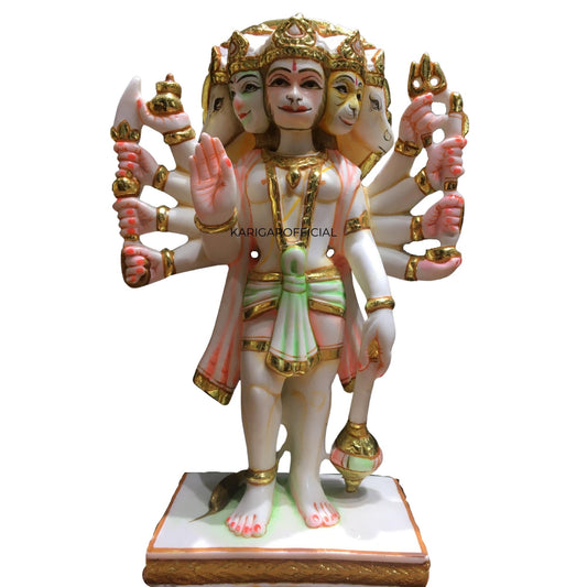 Panchmukhi Hanuman Statue, Multicolor 9 inches Hand Painted Marble Blessing 5 Faces Bajrang Bali Figurine, Powerlifter Hindu Monkey god of Devotion, Strength, Perfect for Small Home Temple Decoration