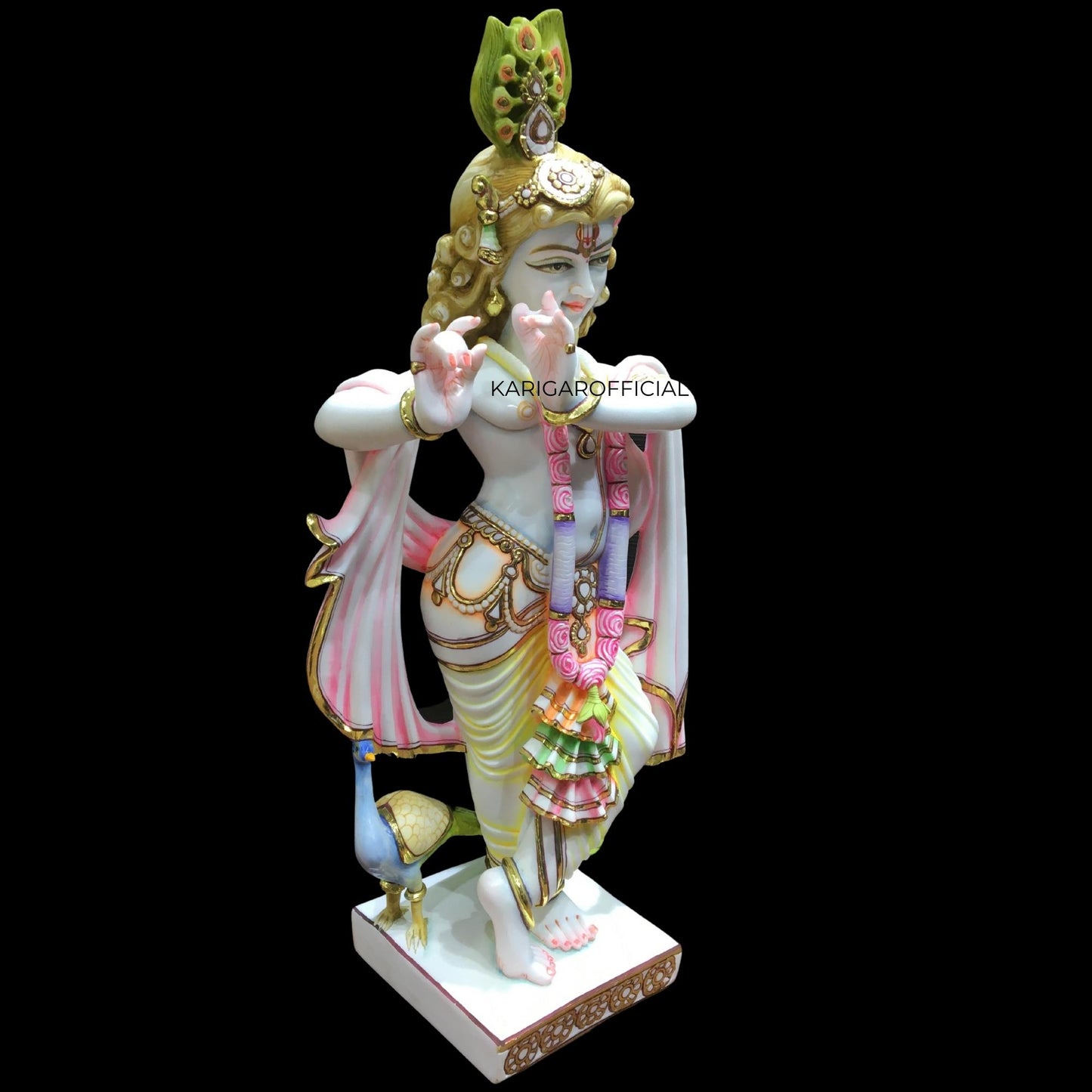 Krishna Statue, Large 24 inches Krishna Idol, Multicolor White Marble Pink Accent Krishna Figurine, Hindu God Handpainted Murlimanohar Murti, Home Temple Pooja Sculpture Housewarming Anniversary Gifts