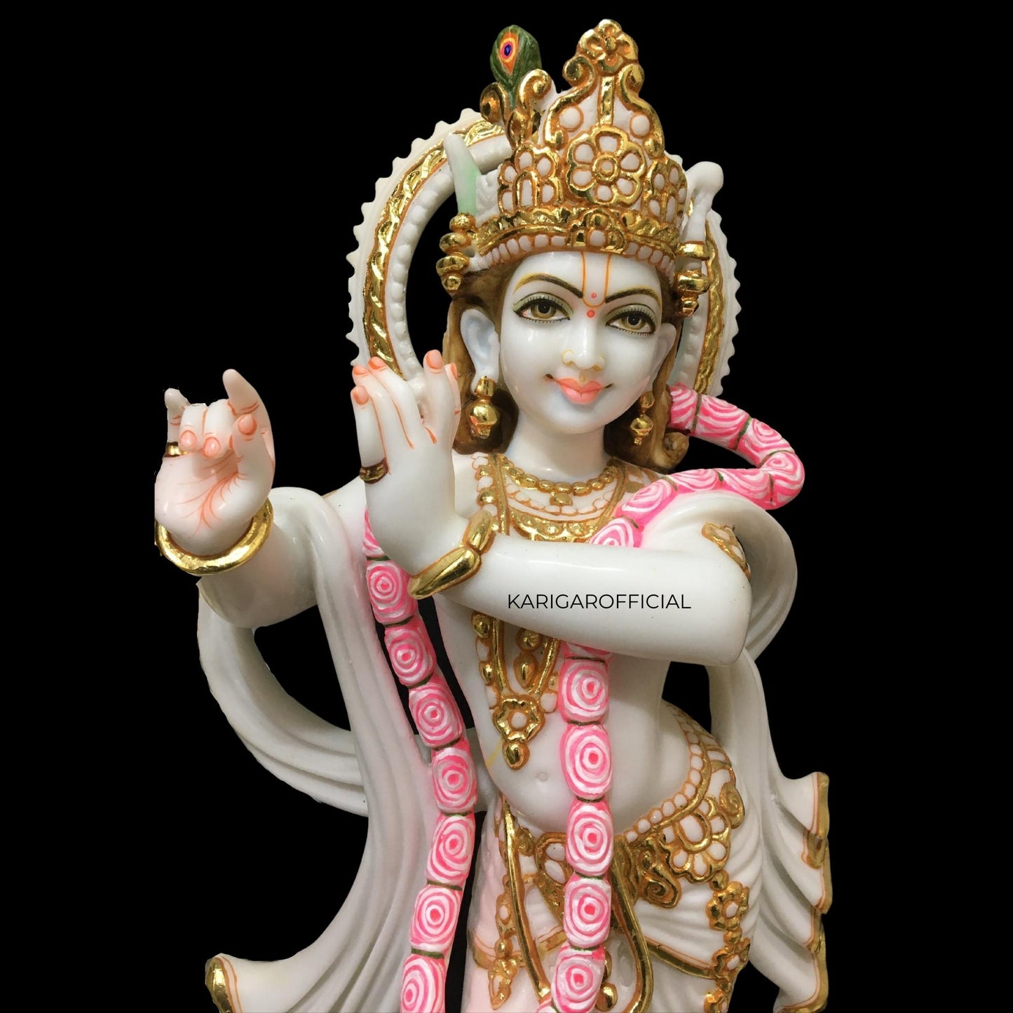 Radha Krishna Statue Standing on Lotus Flowers, Large 24 inches Murti in Gold Leaf Work White Gold Pink Accents Marble Radha Krishna idol, Hindu Divine Couple, Home Temple Wedding Housewarming Gifts