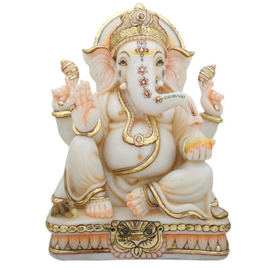 Ganesha Murti Statue 12'' Gold Leaf Marble Home First Ganapati Idol