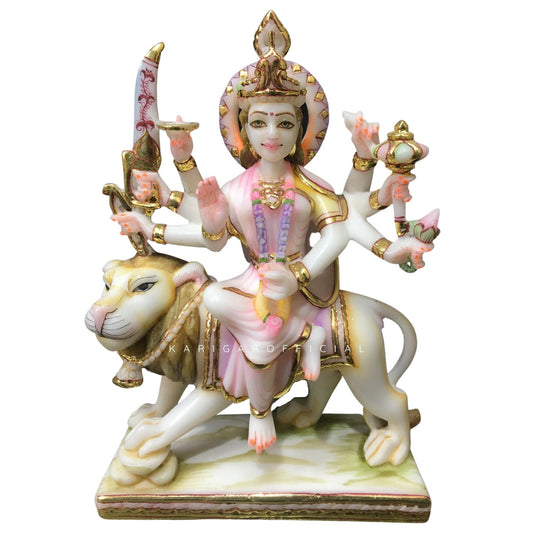 Durga Statue, Large 12 inches Marble Murti, Calm Maa Durga Sitting on Lion Figurine, Hindu Goddess of Strength, Amba Statue for Navratri Puja, Maa Sherawali Adi Shakti Idol, Indian Home Temple Decor